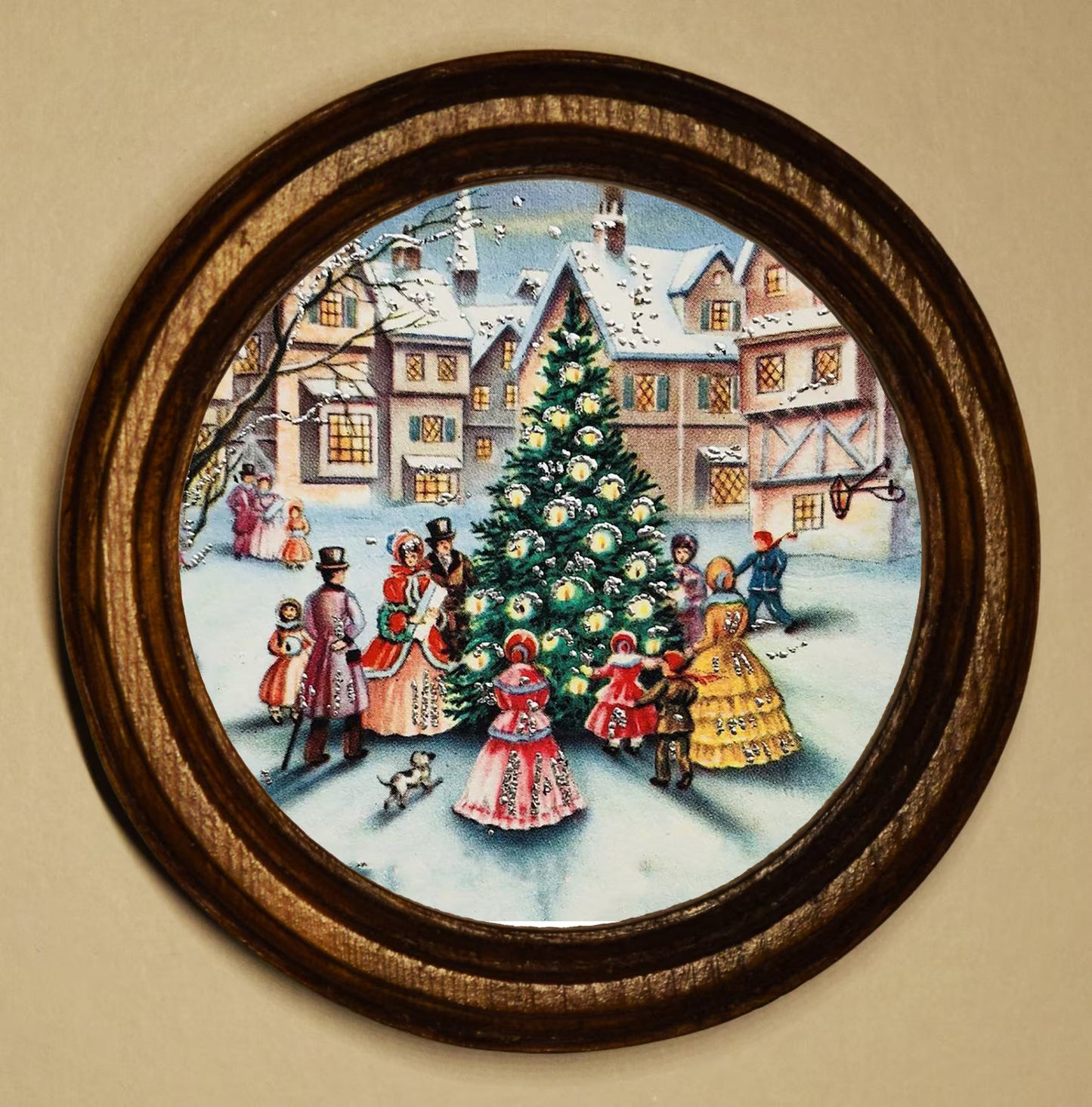 Carol Singing Around A Christmas Tree Light Oak Round Wooden Framed Christmas Art Print 2.5"x2.5"