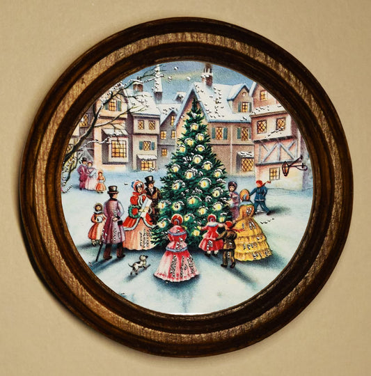 Carol Singing Around A Christmas Tree Light Oak Round Wooden Framed Christmas Art Print 2.5"x2.5"