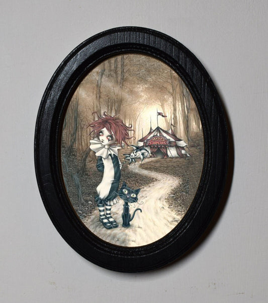 Halloween Circus Clown Jester Black Cat Spooky Halloween Oval Wooden Framed Print 3"x4"