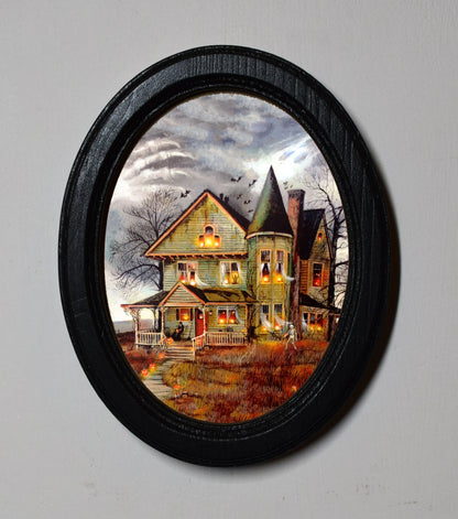 Creepy House Gothic Spooky Halloween Oval Wooden Framed Print 3"x4"