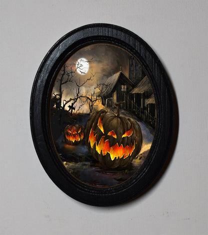 Scary Pumpkins Spooky Halloween Oval Wooden Framed Print 3"x4"