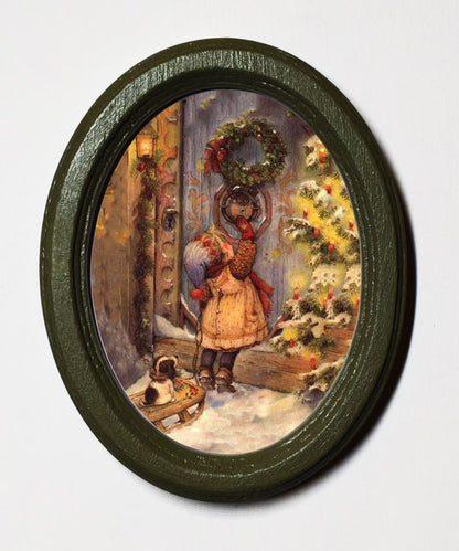 Christmas Visitor Olive Green Oval Wooden Framed Christmas Art Print 3"x4"