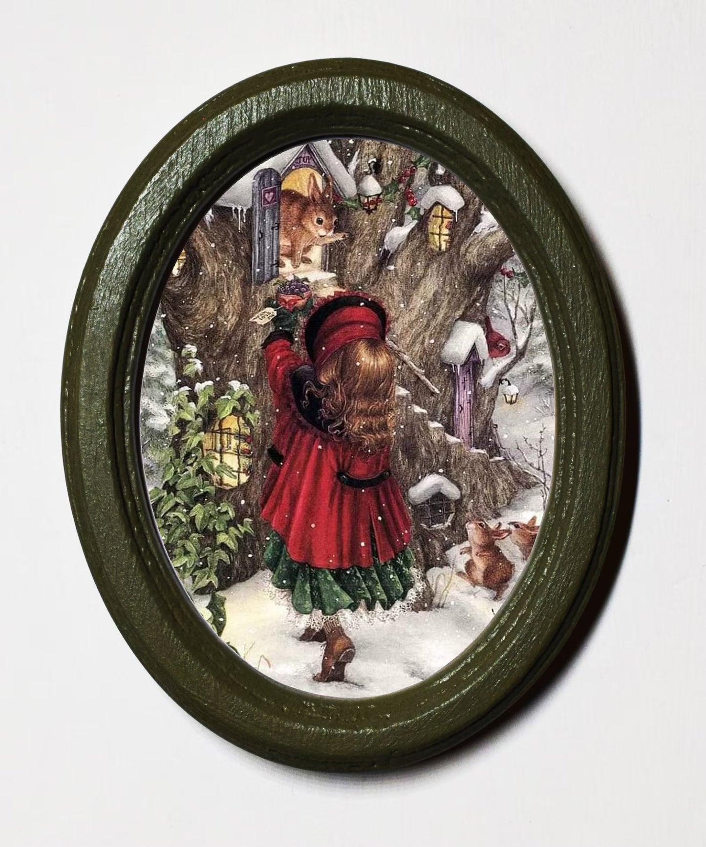Woodland Christmas Olive Green Oval Wooden Framed Christmas Art Print 3"x4", 3.5"x5", 4"x6"