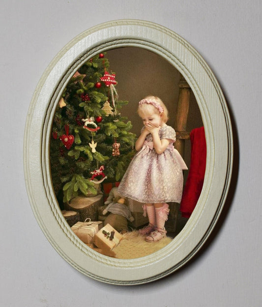 Christmas Joy Festive Ivory Oval Wooden Framed Christmas Art Print 3"x4", 3.5"x5", 4"x6"