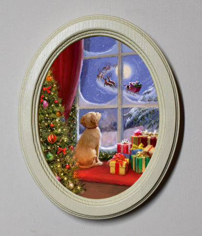 Puppy Watching Santa Ivory Oval Wooden Framed Christmas Art Print 3"x4"