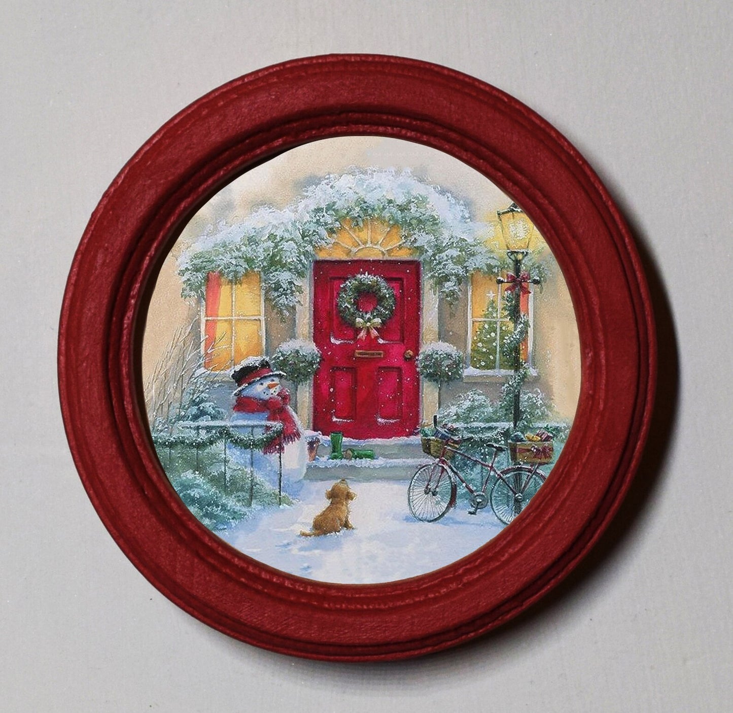 Homely Christmas Tree Red Round Wooden Framed Christmas Art Print 2.5"x2.5"