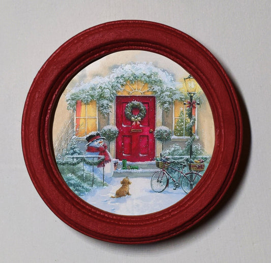 Homely Christmas Tree Red Round Wooden Framed Christmas Art Print 2.5"x2.5"