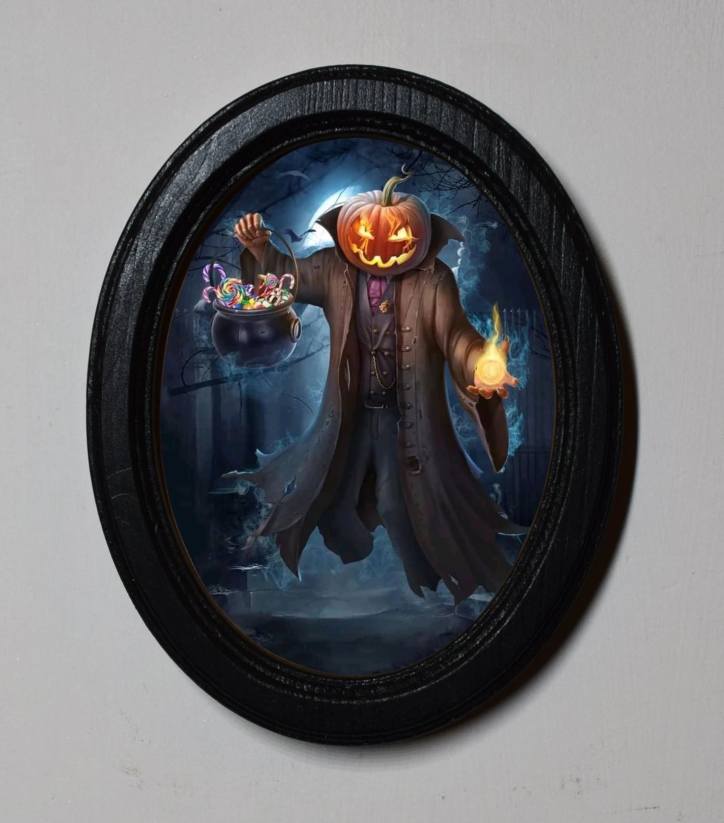 Spooky Pumpkin Trick Or Treat Gothic Halloween Oval Wooden Framed Print 3"x4"