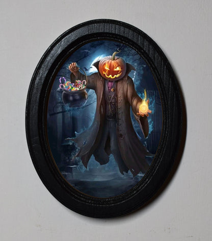 Spooky Pumpkin Trick Or Treat Gothic Halloween Oval Wooden Framed Print 3"x4"