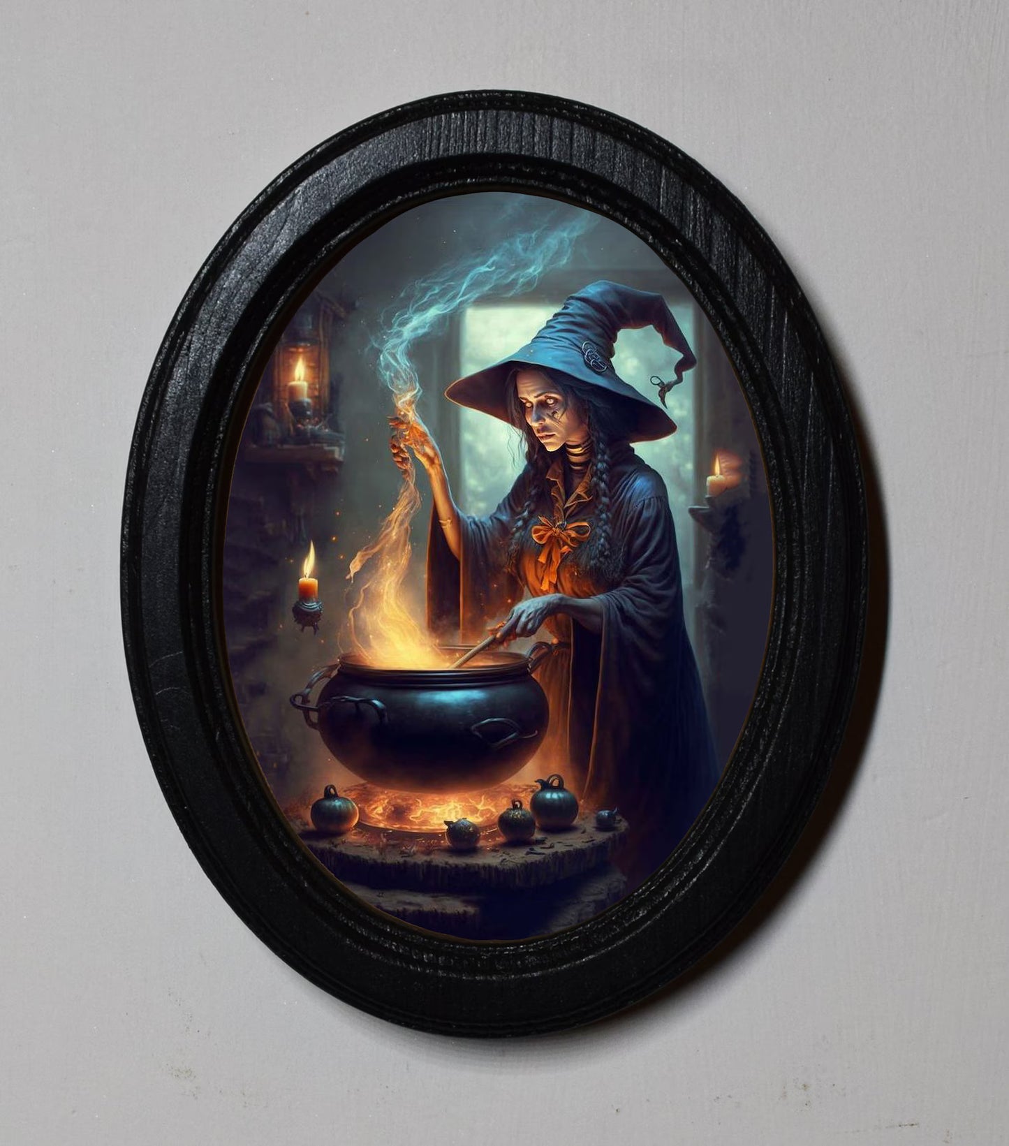 Witches Brew Witch Cauldron Spooky Halloween Oval Wooden Framed Print 3"x4"