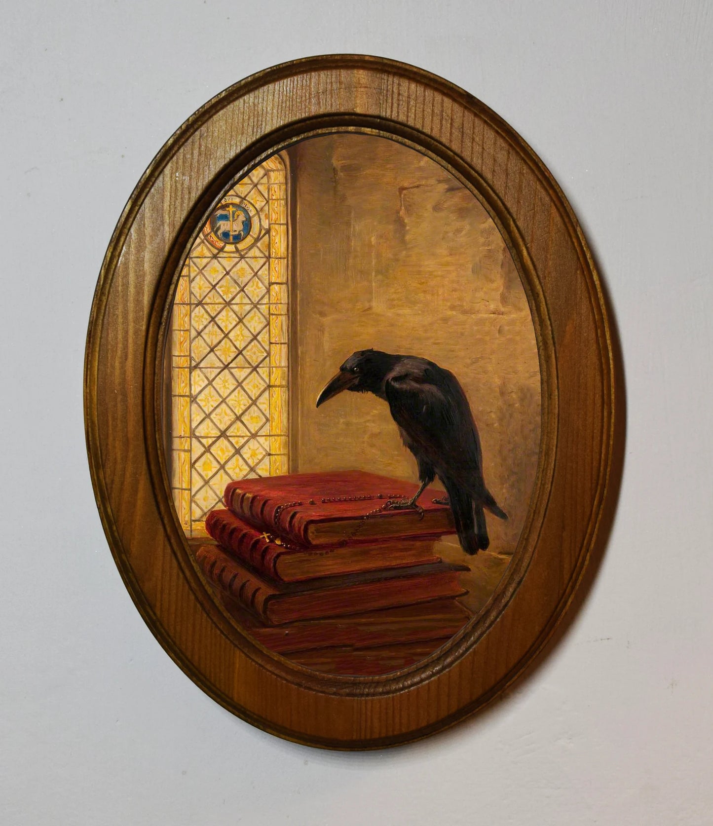 Jackdaw of Rheims Briton Rivière Light Oak Oval Wooden Framed Classic Art Print 3"x4", 3.5"x5", 4"x6", 5"x7", 6"x8"