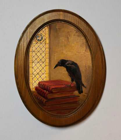 Jackdaw of Rheims Briton Rivière Light Oak Oval Wooden Framed Classic Art Print 3"x4", 3.5"x5", 4"x6", 5"x7", 6"x8"
