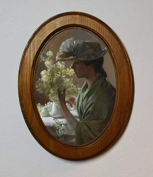 Lady with a Bouquet Charles Courtney Curran Light Oak Oval Wooden Framed Classic Art Print 3"x4", 3.5"x5", 4"x6"