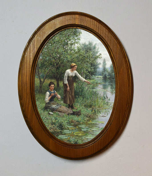 Two Women Fishing Daniel Ridgway Knight Light Oak Oval Wooden Framed Classic Art Print 3"x4", 3.5"x5", 4"x6", 5"x7", 6"x8"