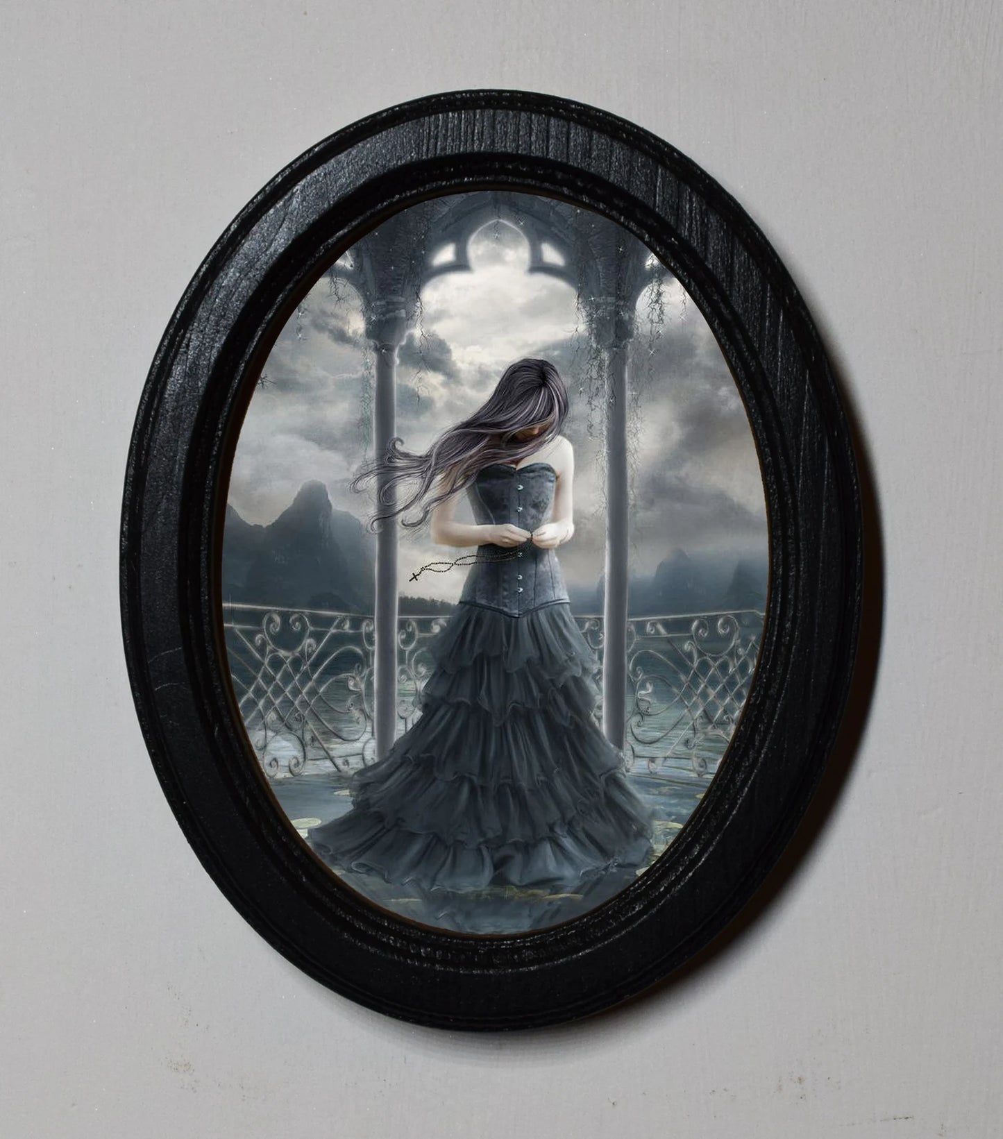 Spooky Girl Gothic Halloween Oval Wooden Framed Print 3"x4"