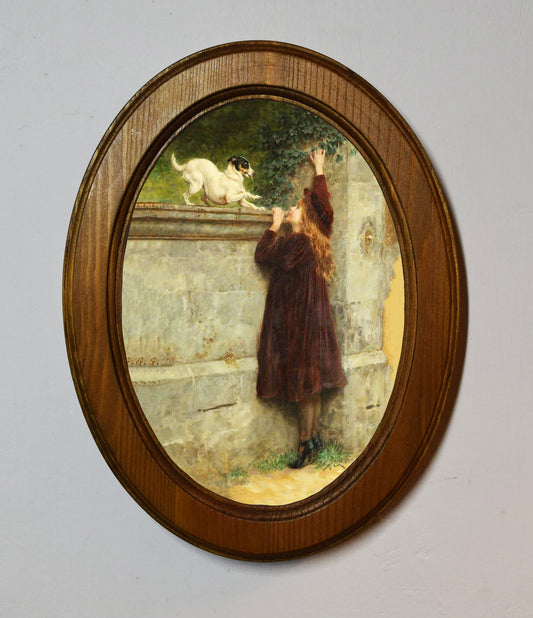 Play Fellows Briton Rivière Light Oak Oval Wooden Framed Classic Art Print 3"x4", 3.5"x5", 4"x6", 5"x7", 6"x8"