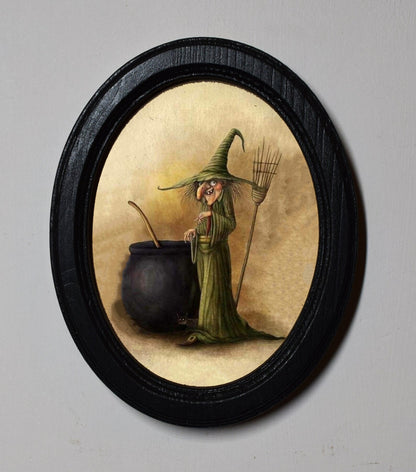 Time For A Spell Witch And Cauldron Spooky Halloween Oval Wooden Framed Print 3"x4"