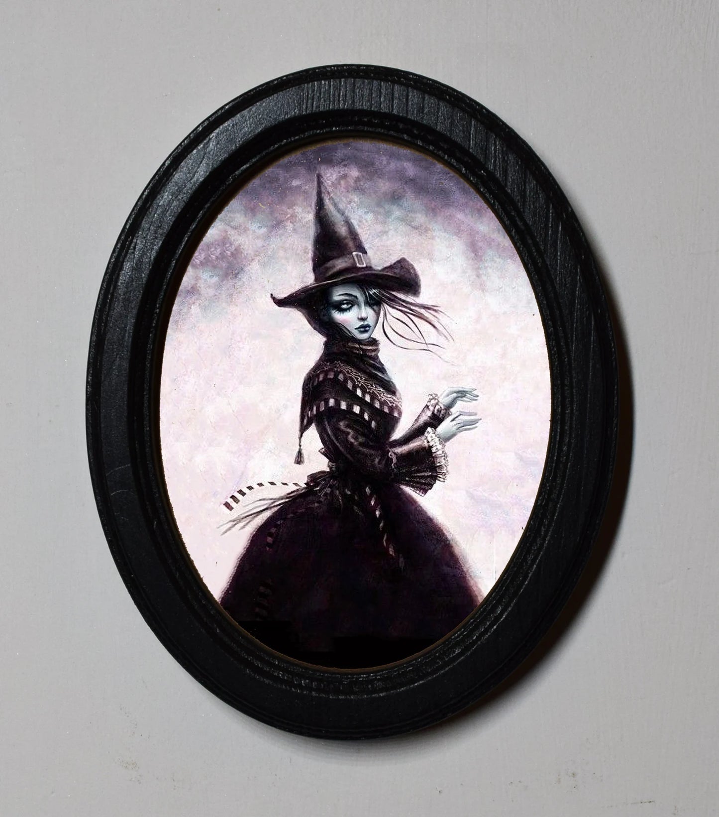 Gothic Witch Spooky Halloween Oval Wooden Framed Print 3"x4", 3.5"x5", 4"x6"