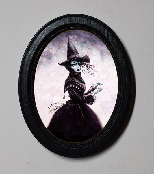 Gothic Witch Spooky Halloween Oval Wooden Framed Print 3"x4", 3.5"x5", 4"x6"