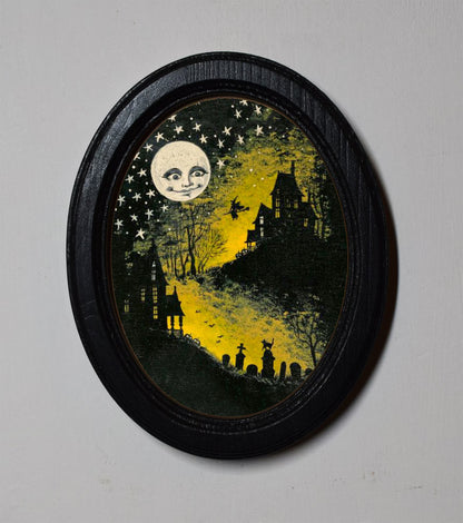 Autumn Moon Gothic Spooky Halloween Oval Wooden Framed Print 3"x4"