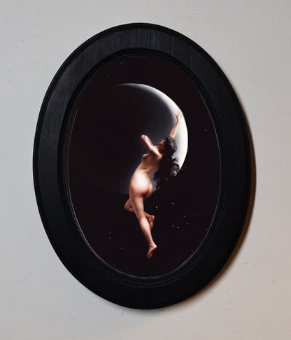 Moon Nymph Luis Ricardo Falero Black Oval Wooden Framed Classic Art Print 3"x4", 3.5"x5", 4"x6", 5"x7", 6"x8"