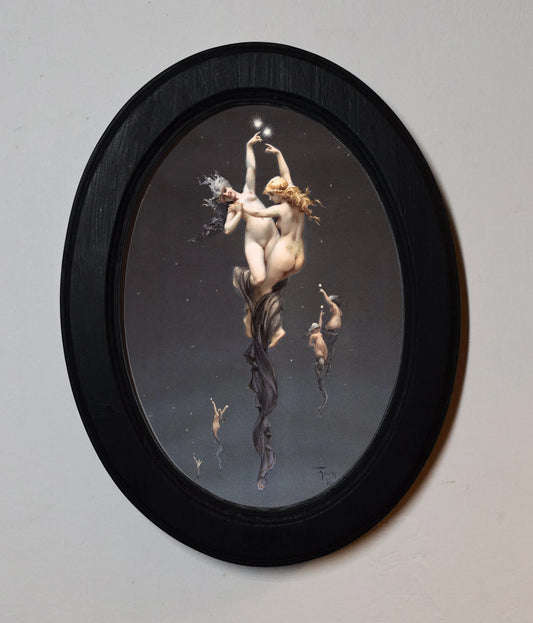 TwIn Stars Luis Ricardo Falero Black Oval Wooden Framed Classic Art Print 3"x4", 3.5"x5", 4"x6"