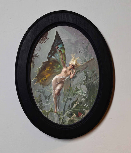 The Poppy Fairy Luis Ricardo Falero Black Oval Wooden Framed Classic Art Print 3"x4", 3.5"x5", 4"x6"