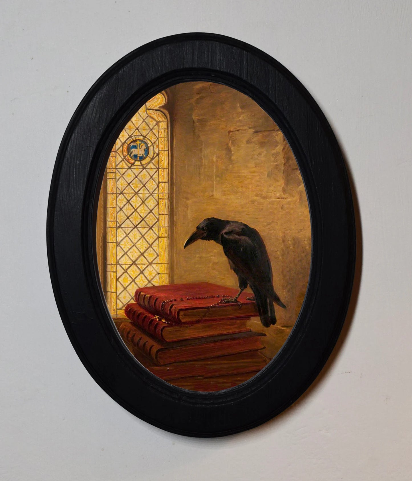 Jackdaw of Rheims Briton Rivière Gothic Black Oval Wooden Framed Classic Art Print 3"x4", 3.5"x5", 4"x6", 5"x7", 6"x8"