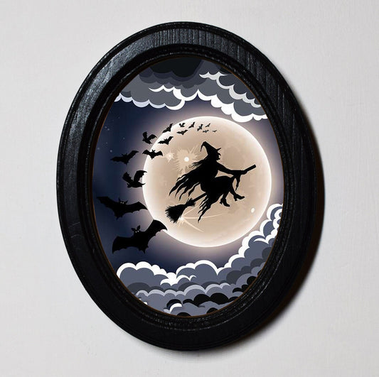 Moonlit Witch Spooky Halloween Oval Wooden Framed Print 3"x4"