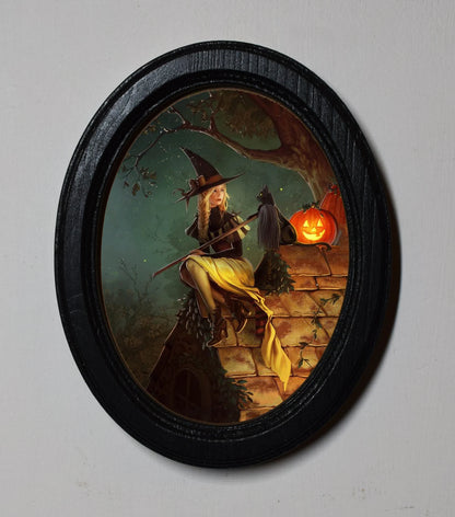 Witch On Roof With Black Cat And Pumpkin Spooky Halloween Oval Wooden Framed Print 3"x4"