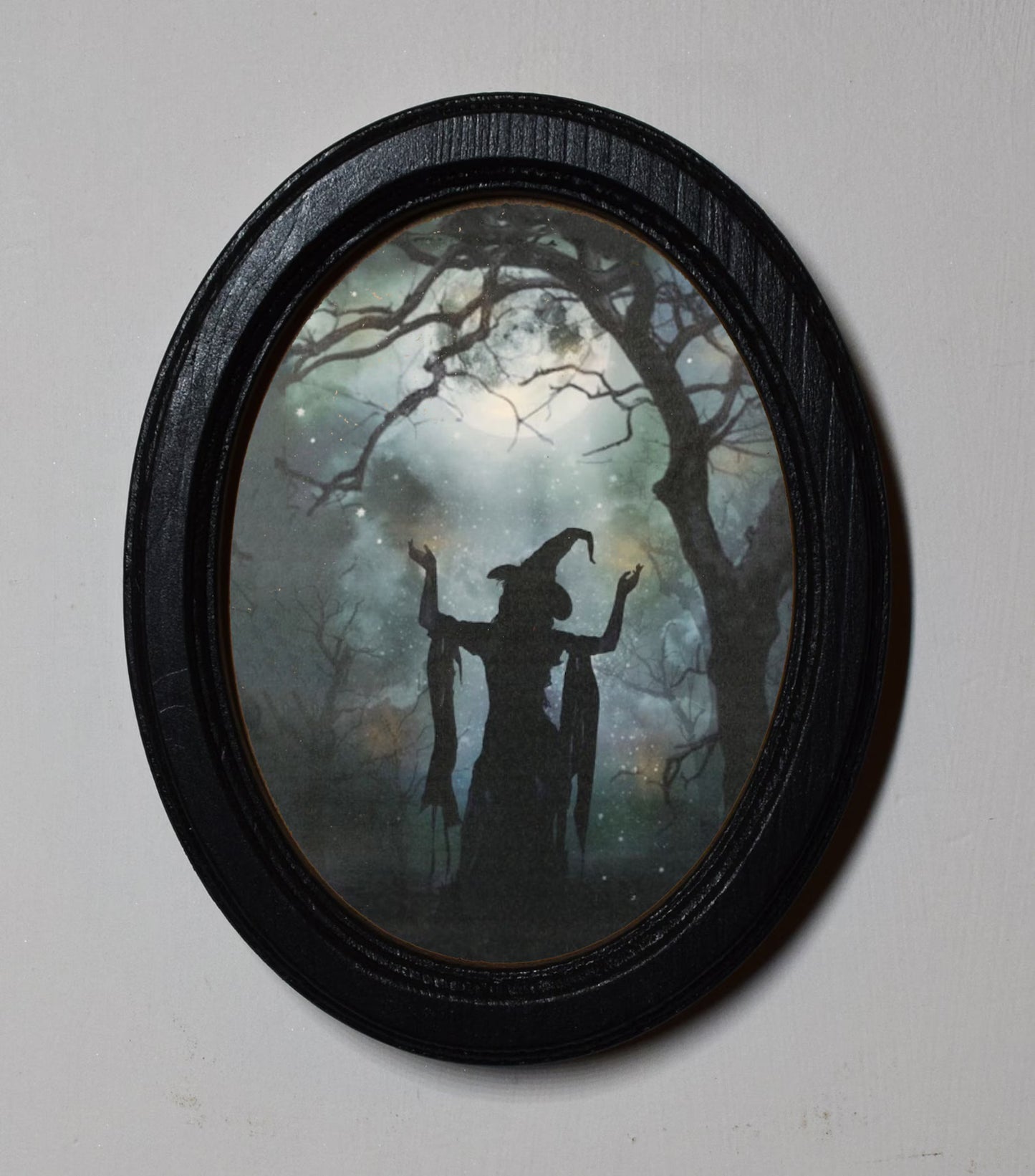 Spooky Wood Witch Silhouette Halloween Oval Wooden Framed Print 3"x4", 3.5"x5", 4"x6"