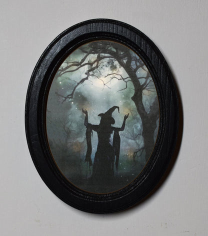 Spooky Wood Witch Silhouette Halloween Oval Wooden Framed Print 3"x4", 3.5"x5", 4"x6"