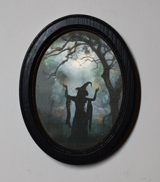 Spooky Wood Witch Silhouette Halloween Oval Wooden Framed Print 3"x4", 3.5"x5", 4"x6"