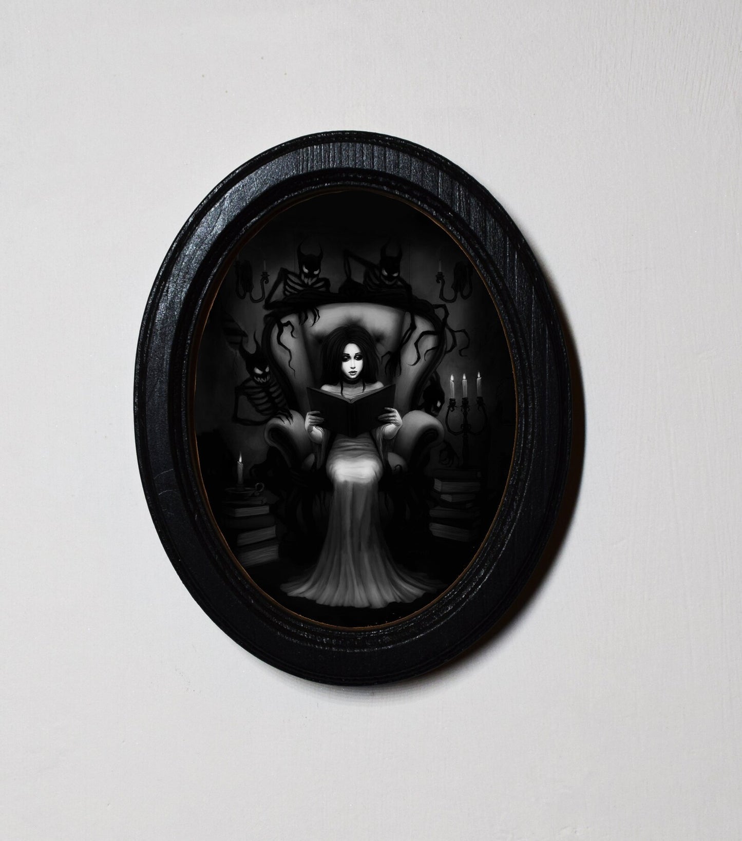 Gothic Girl With Devils Spooky Halloween Oval Wooden Framed Print 3"x4"