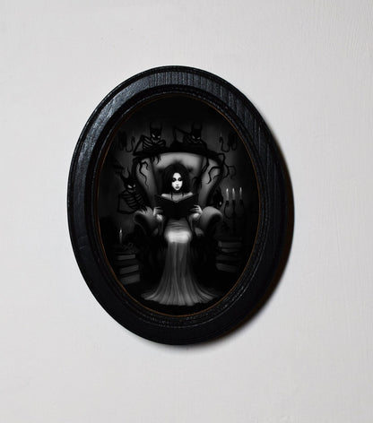 Gothic Girl With Devils Spooky Halloween Oval Wooden Framed Print 3"x4"