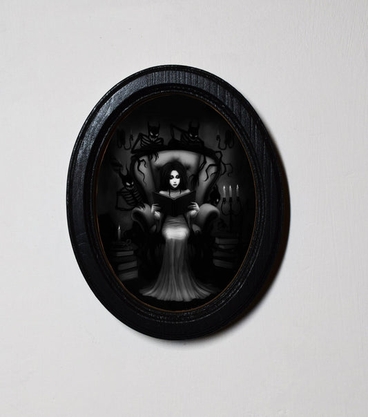 Gothic Girl With Devils Spooky Halloween Oval Wooden Framed Print 3"x4"