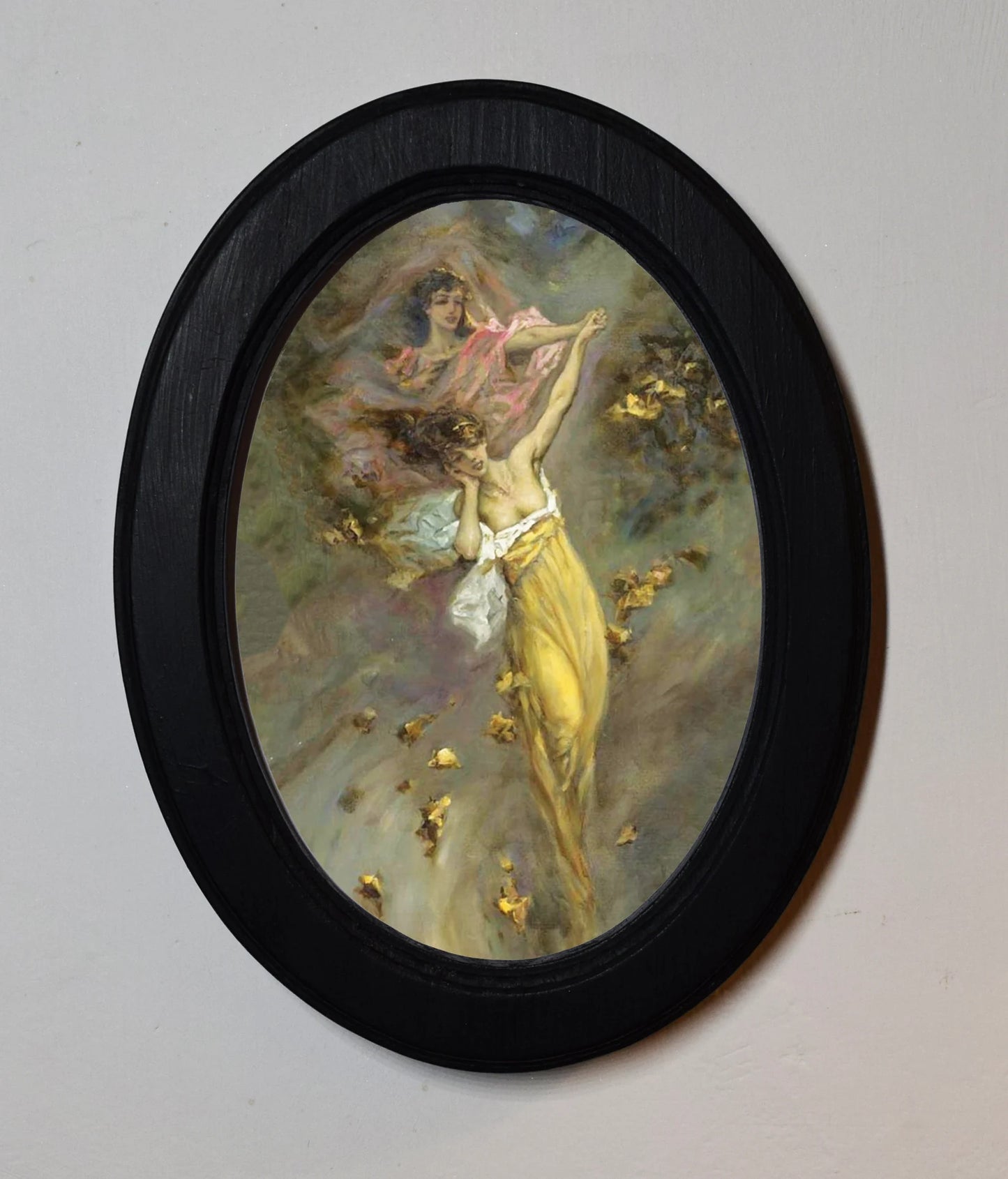 Girls in Yellow and Pink Wilhelm Kotarbiński Black Oval Wooden Framed Classic Art Print 3"x4", 3.5"x5", 4"x6"