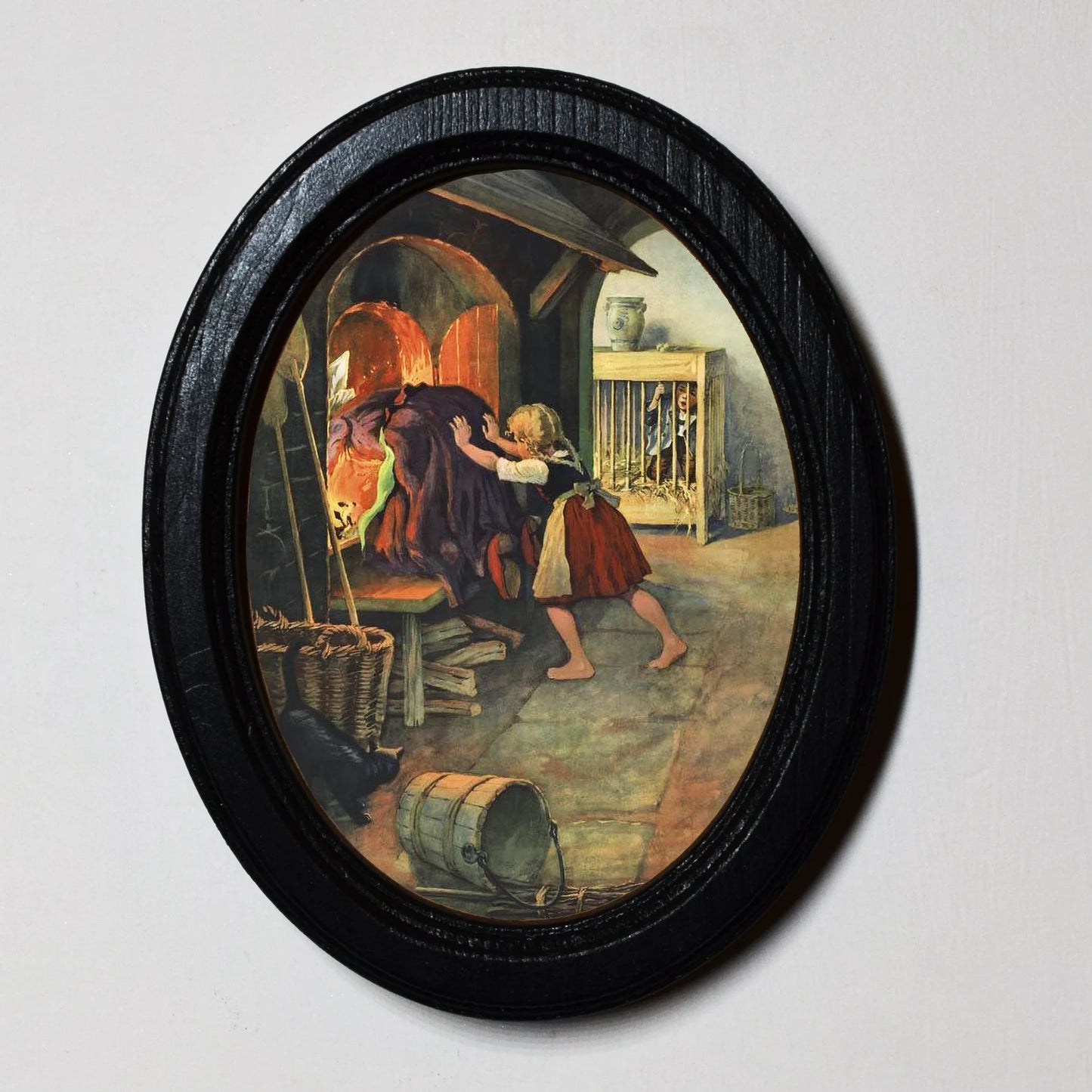 Hansel And Gretel Gretel Pushes the Witch In The Oven Gothic Spooky Halloween Oval Wooden Framed Print 3"x4"
