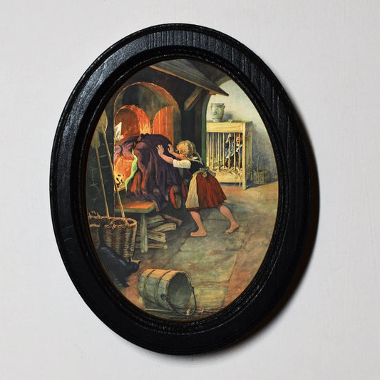 Hansel And Gretel Gretel Pushes the Witch In The Oven Gothic Spooky Halloween Oval Wooden Framed Print 3"x4"