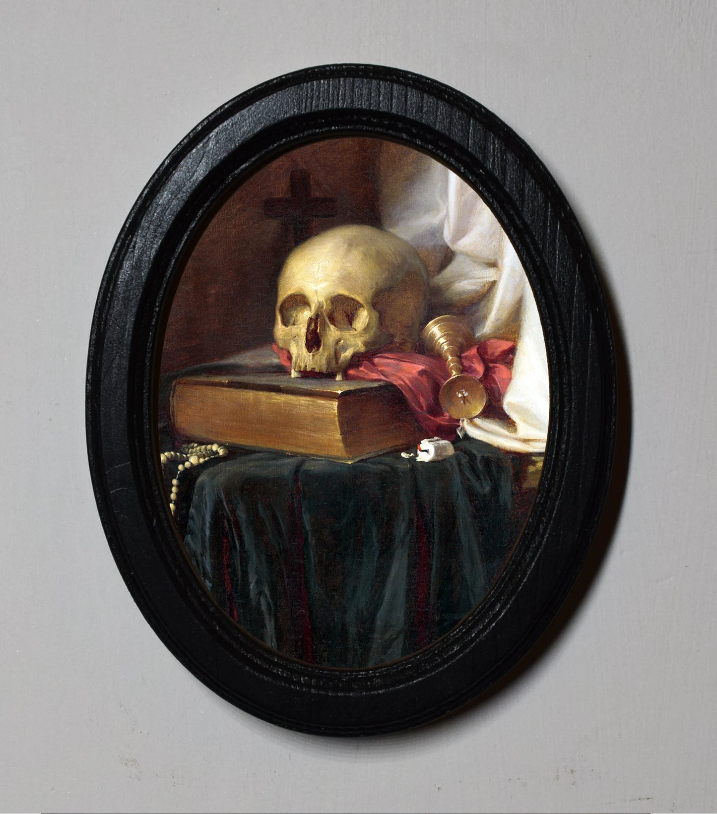 Gothic Skull And Book Halloween Oval Wooden Framed Print 3"x4", 3.5"x5", 4"x6", 5"x7", 6"x8"