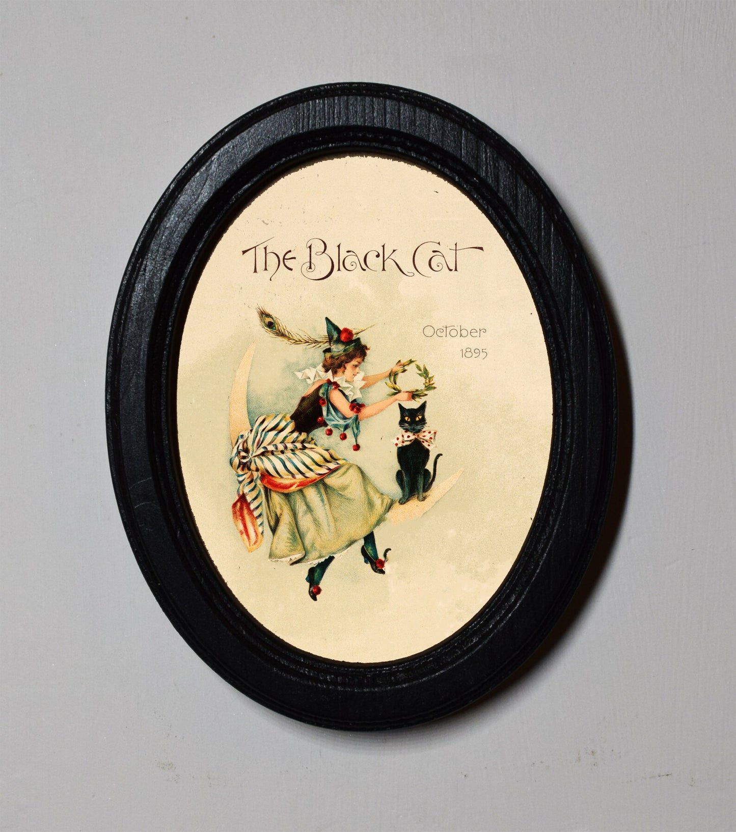 The Black Cat Spooky Halloween Oval Wooden Framed Print 3"x4"