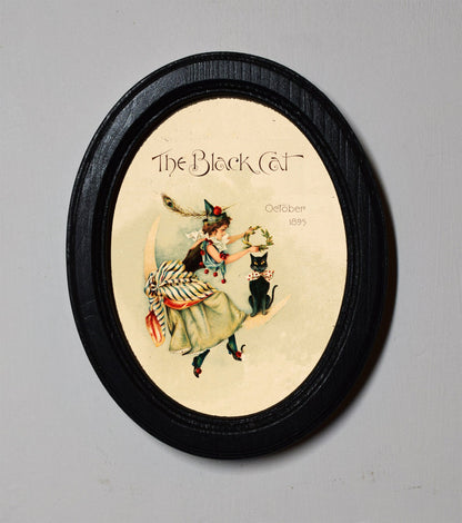 The Black Cat Spooky Halloween Oval Wooden Framed Print 3"x4"