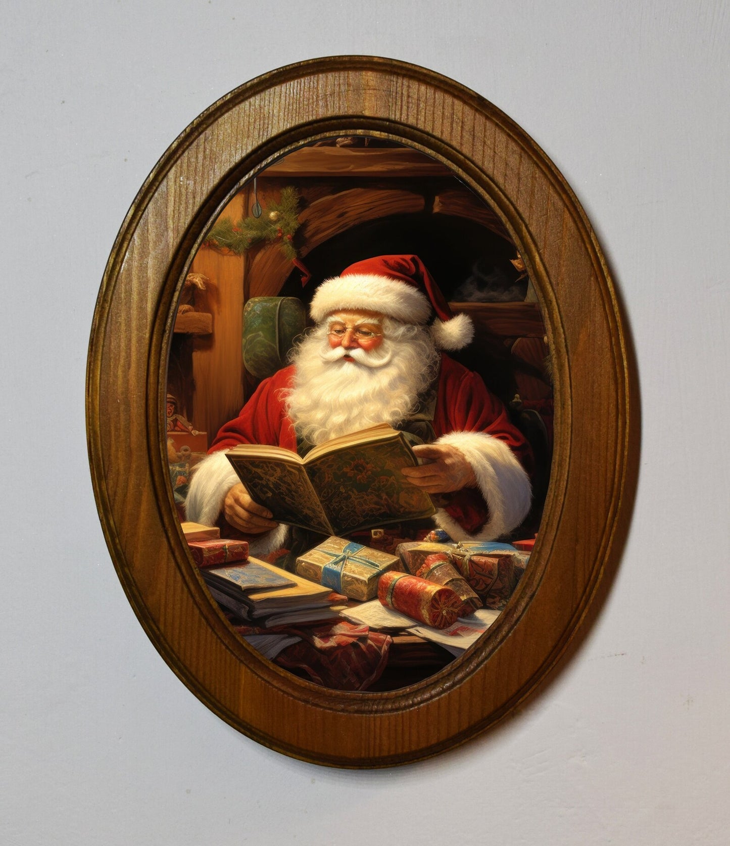 Santa's Workshop Festive Light Oak Oval Wooden Framed Christmas Art Print 3"x4", 3.5"x5", 4"x6"
