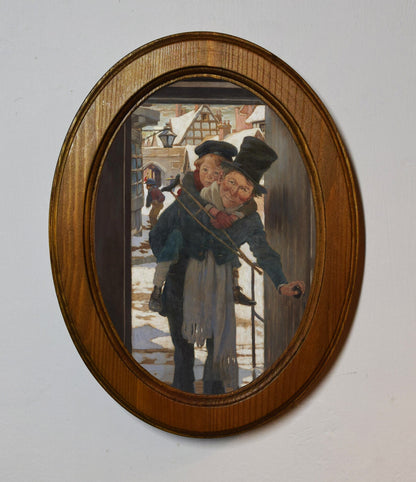 Bob Cratchit and Tiny Tim John Warwick Smith Light Oak Oval Wooden Framed Christmas Classic Art Print 3"x4", 3.5"x5", 4"x6"
