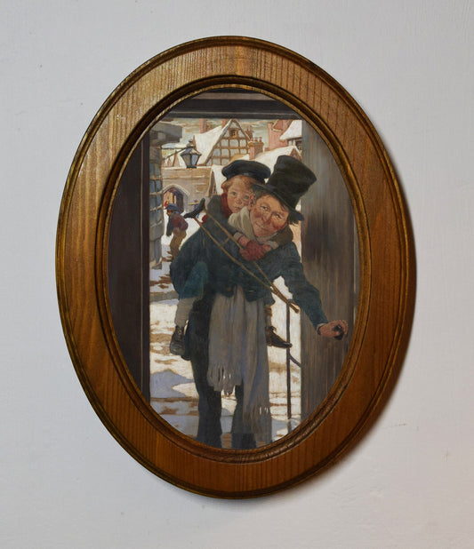 Bob Cratchit and Tiny Tim John Warwick Smith Light Oak Oval Wooden Framed Christmas Classic Art Print 3"x4", 3.5"x5", 4"x6"