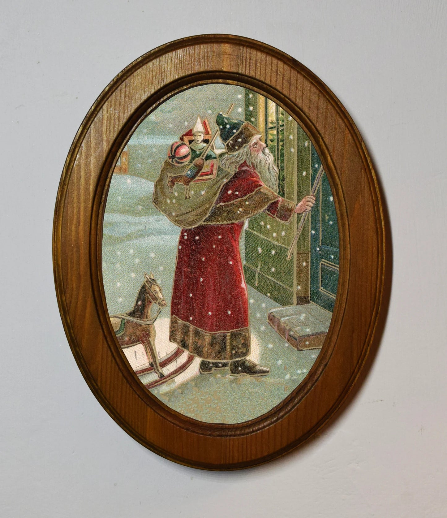 Belsnickel Father Christmas Folk Art Santa Festive Light Oak Oval Wooden Framed Christmas Art Print 3"x4", 3.5"x5", 4"x6"
