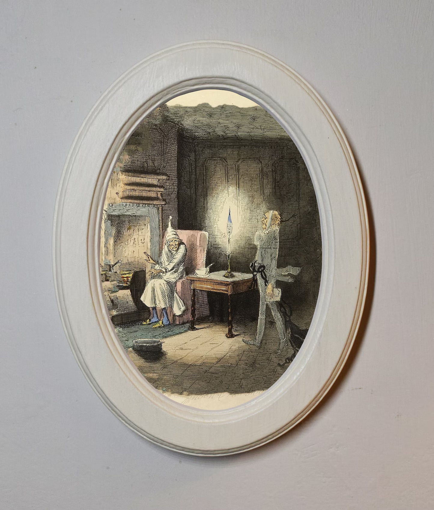 Jacob Marley's Ghost John Leech A Christmas Carol Ivory Oval Wooden Framed Christmas Classic Art Print 3"x4", 3.5"x5", 4"x6", 5"x7", 6"x8"