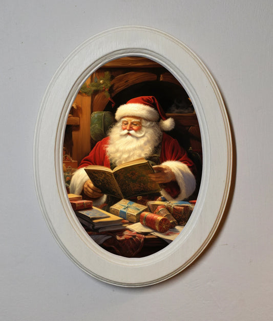 Santa's Workshop Festive Ivory Oval Wooden Framed Christmas Art Print 3"x4", 3.5"x5", 4"x6"