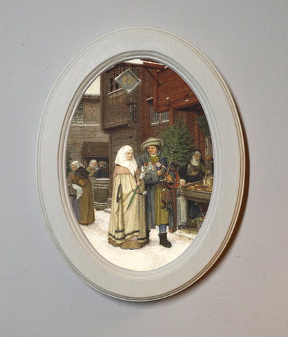 The Christmas Fair Georg Von Rosen Ivory Oval Wooden Framed Christmas Classic Art Print 3"x4", 3.5"x5", 4"x6"