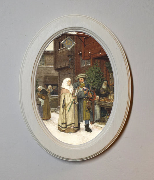 The Christmas Fair Georg Von Rosen Ivory Oval Wooden Framed Christmas Classic Art Print 3"x4", 3.5"x5", 4"x6"